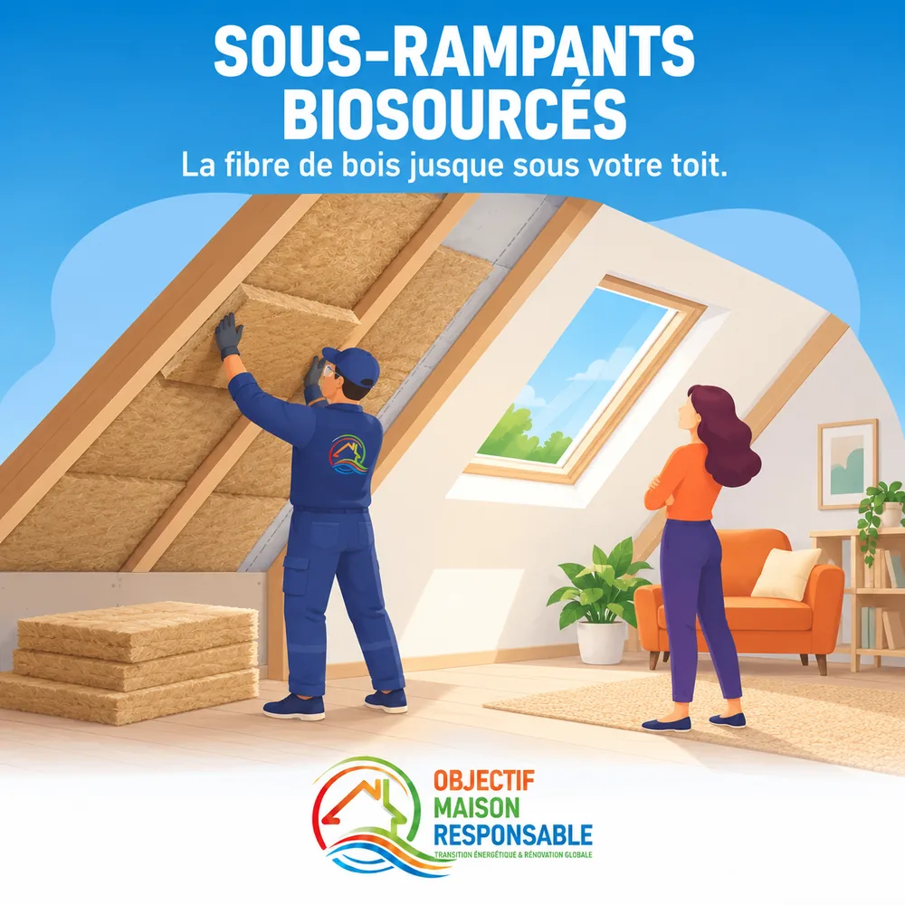 Isolation biosourcée posée sous les rampants de toiture d'un pavillon