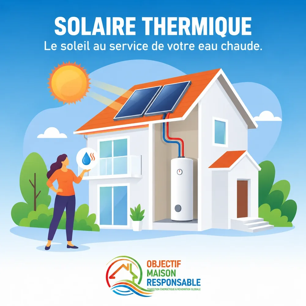 Illustration : maison équipée de capteurs solaires thermiques pour l'eau chaude