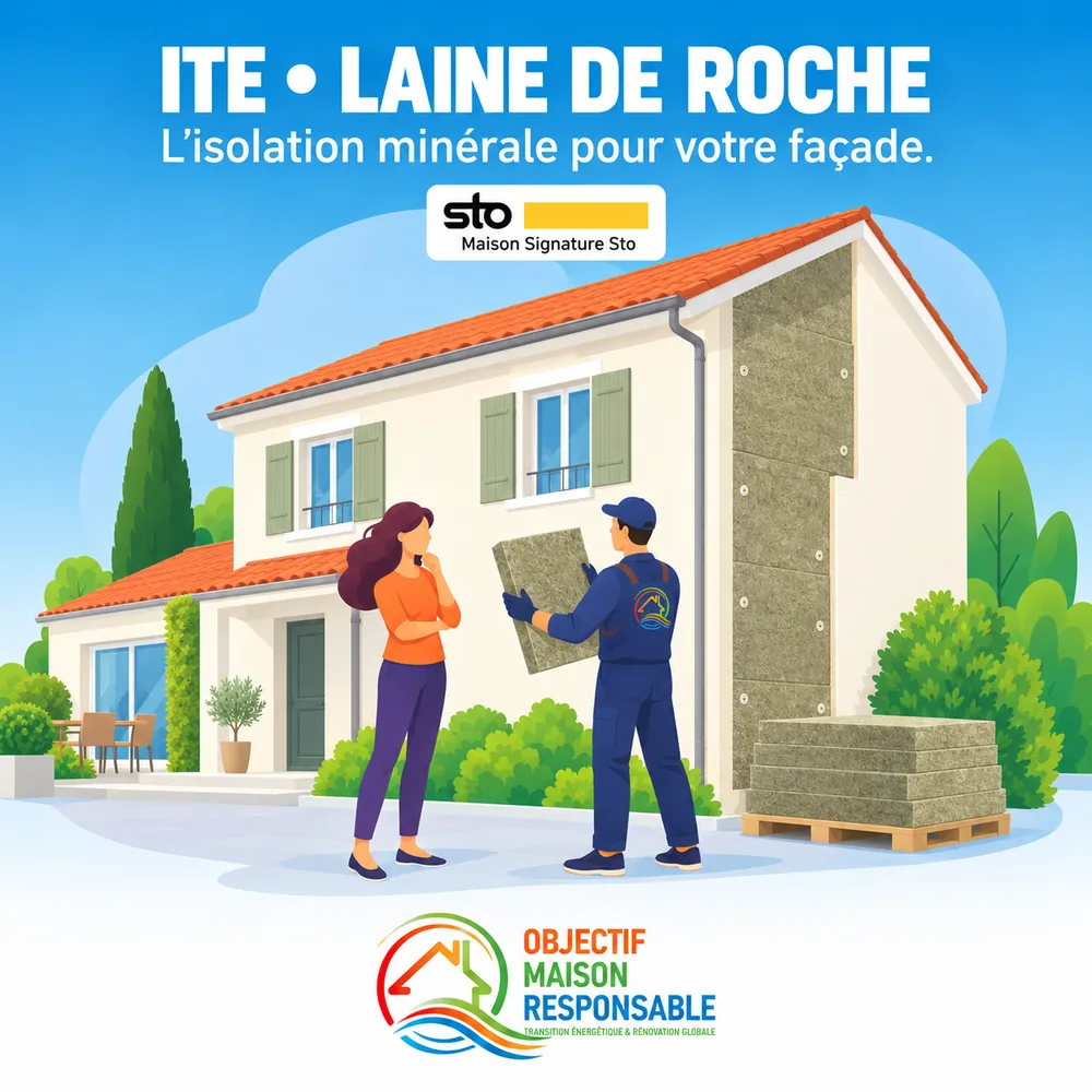 Pose d'un isolant en laine de roche sur une façade en isolation thermique par l'extérieur