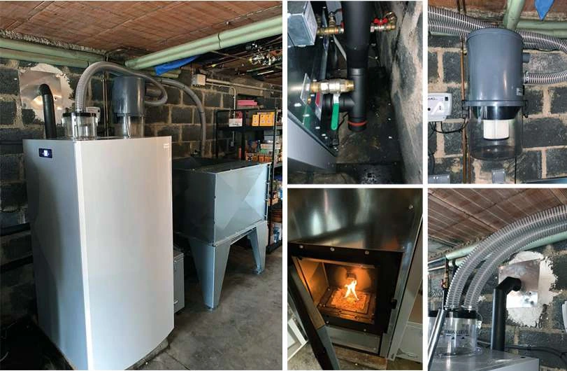 Chaudière à granulés installée en chaufferie avec son silo de stockage