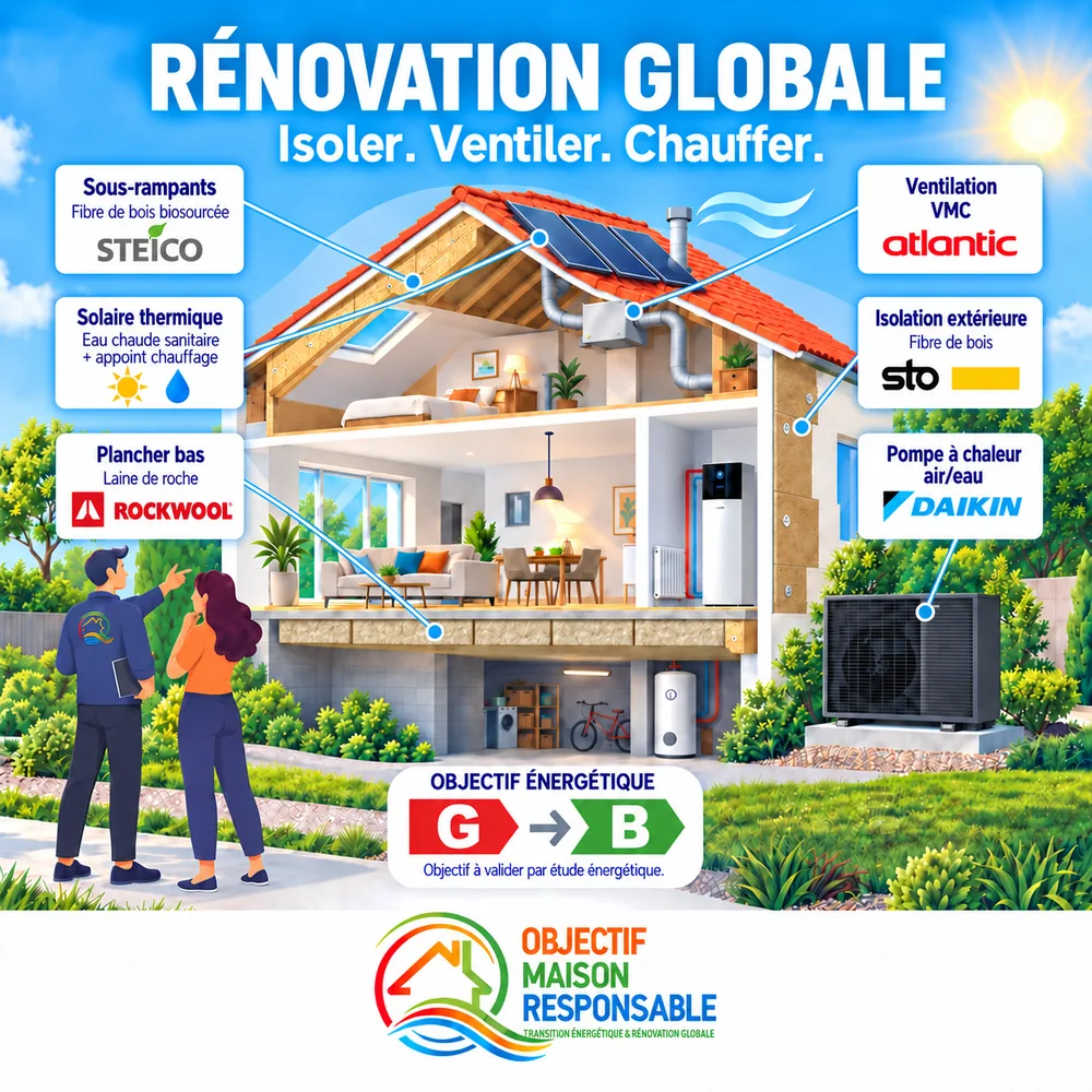 Illustration de principe d'une rénovation globale : isolation, ventilation et chauffage