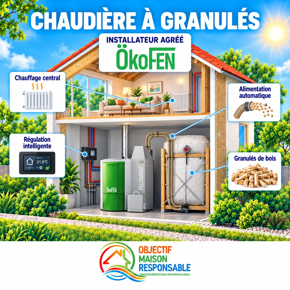 Chaudière à granulés ÖkoFEN installée avec son silo de stockage dans une chaufferie